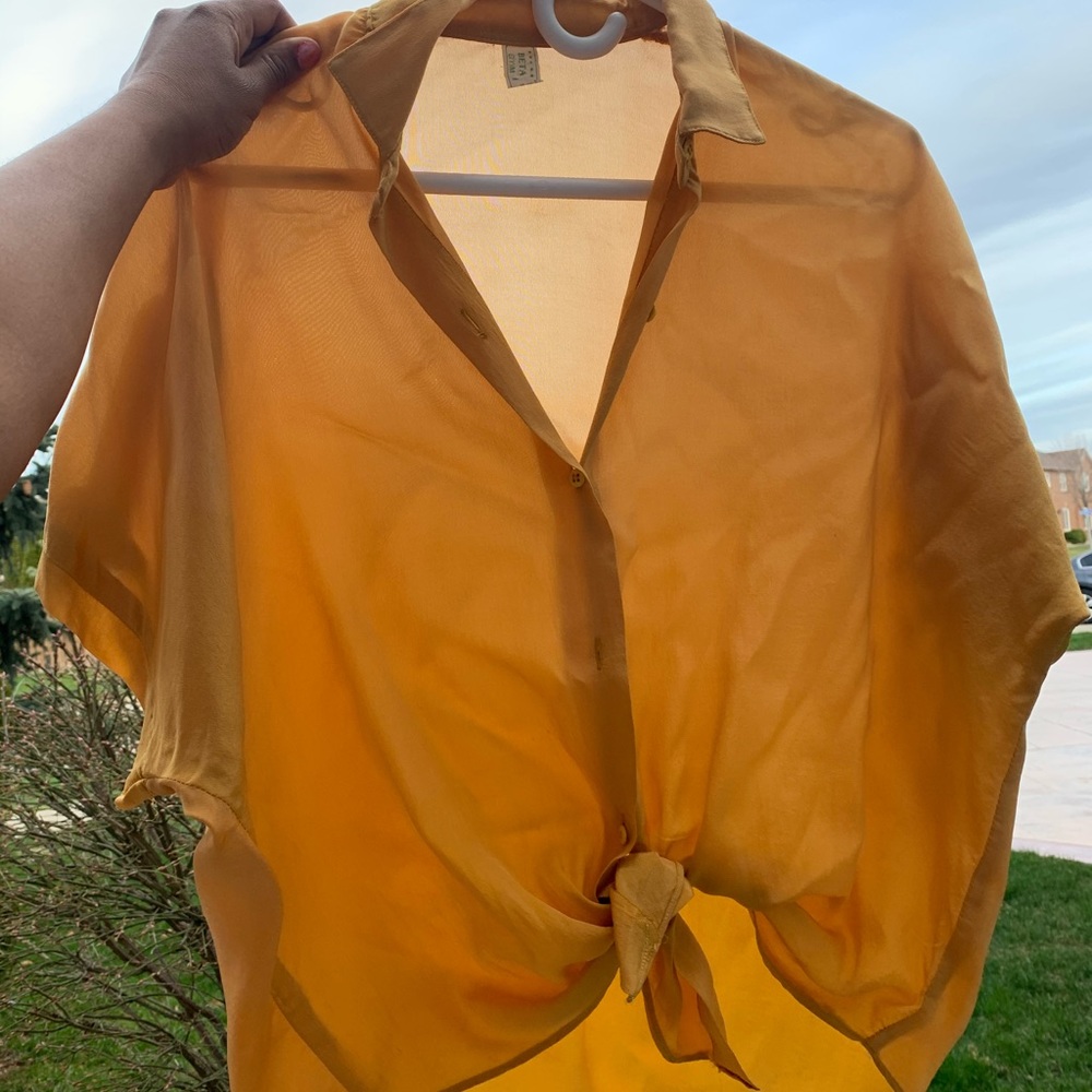 sheer, yellow button up